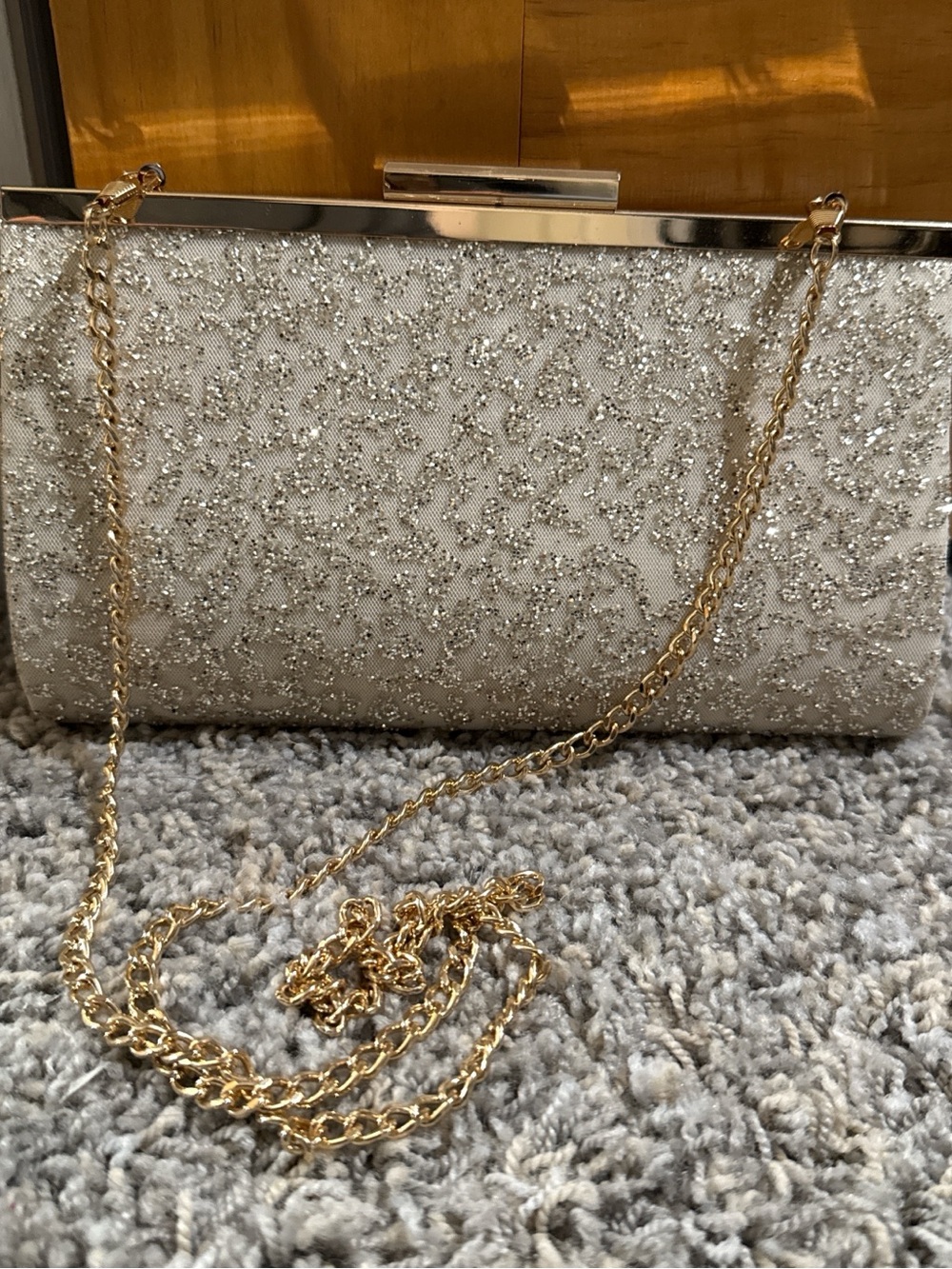 Nina Silver Glitter Clutch with Gold Chain Strap